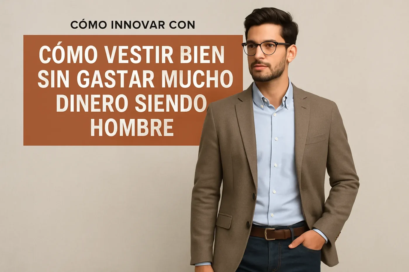 como-innovar-con-Como-vestir-bien-sin-gastar-mucho-dinero-siendo-hombre - ND - Noticiario Digital Man in a brown blazer and light blue shirt stands next to an orange blocky sign with Spanish text about dressing well on a budget.