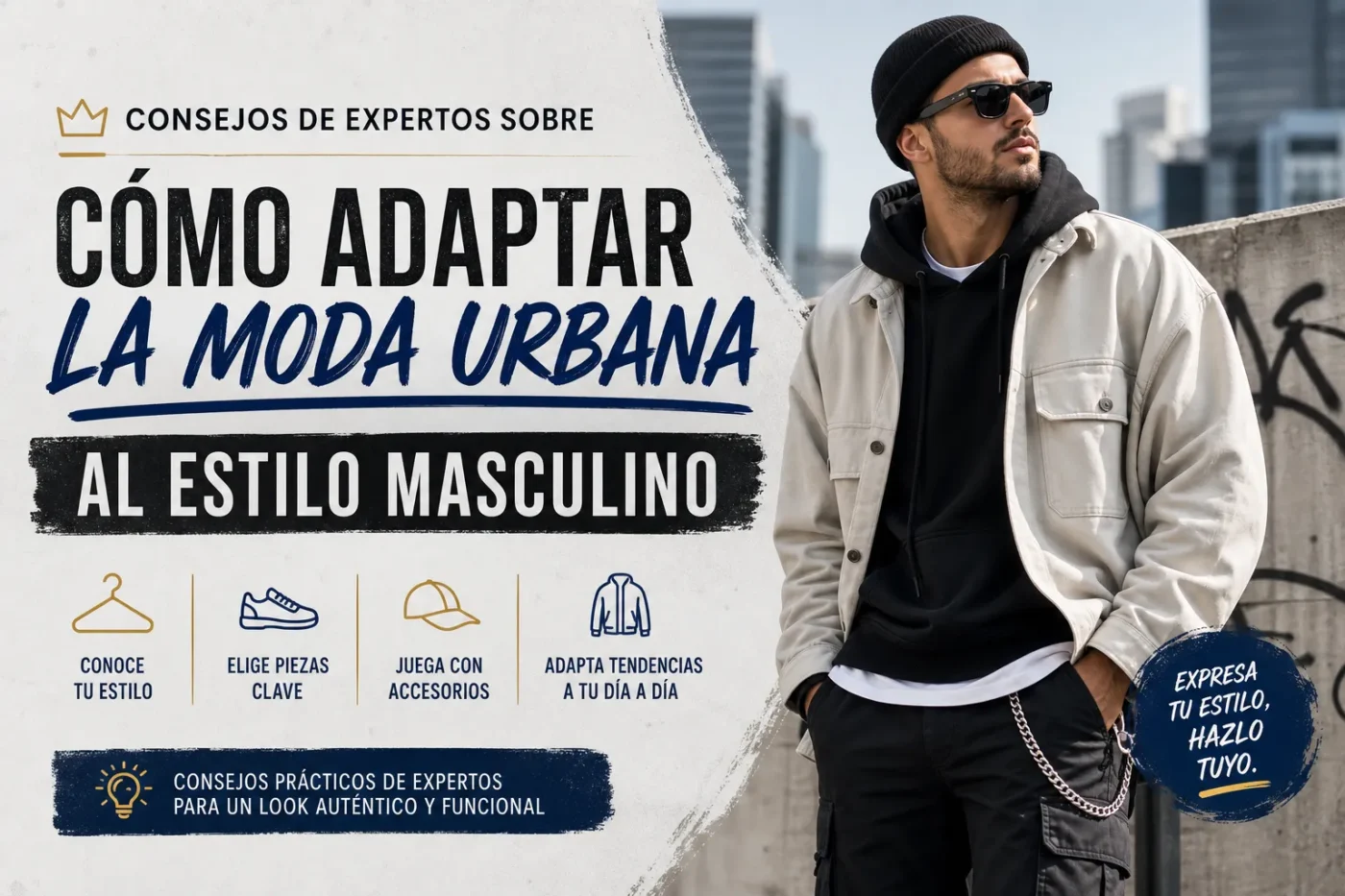 Banner publicitario en español que explica: 'Cómo adaptar la moda urbana al estilo masculino' con un hombre de moda a la derecha y icons de tips en la parte inferior izquierda